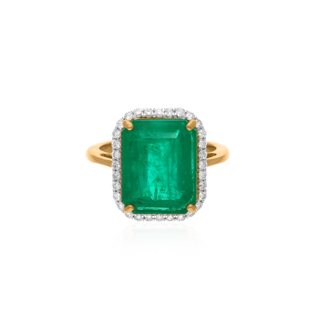 5.9 Tcw Octagon Zambian Emerald HI/SI Diamond Cocktail Gold Ring