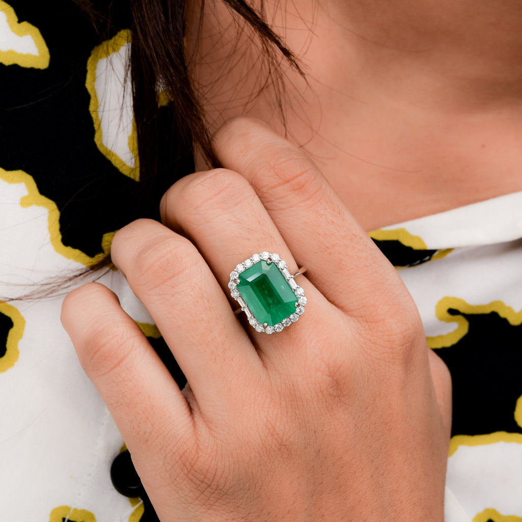8.63 Tcw Zambian Emerald HI/SI Diamond Cocktail Gold Ring for Anniversary