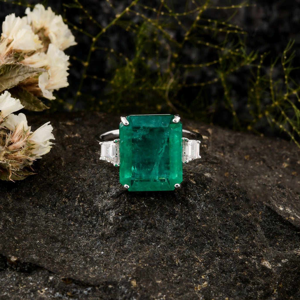 6.18 Tcw Real Zambian Emerald H/SI Diamond Three Stone Ring for Her