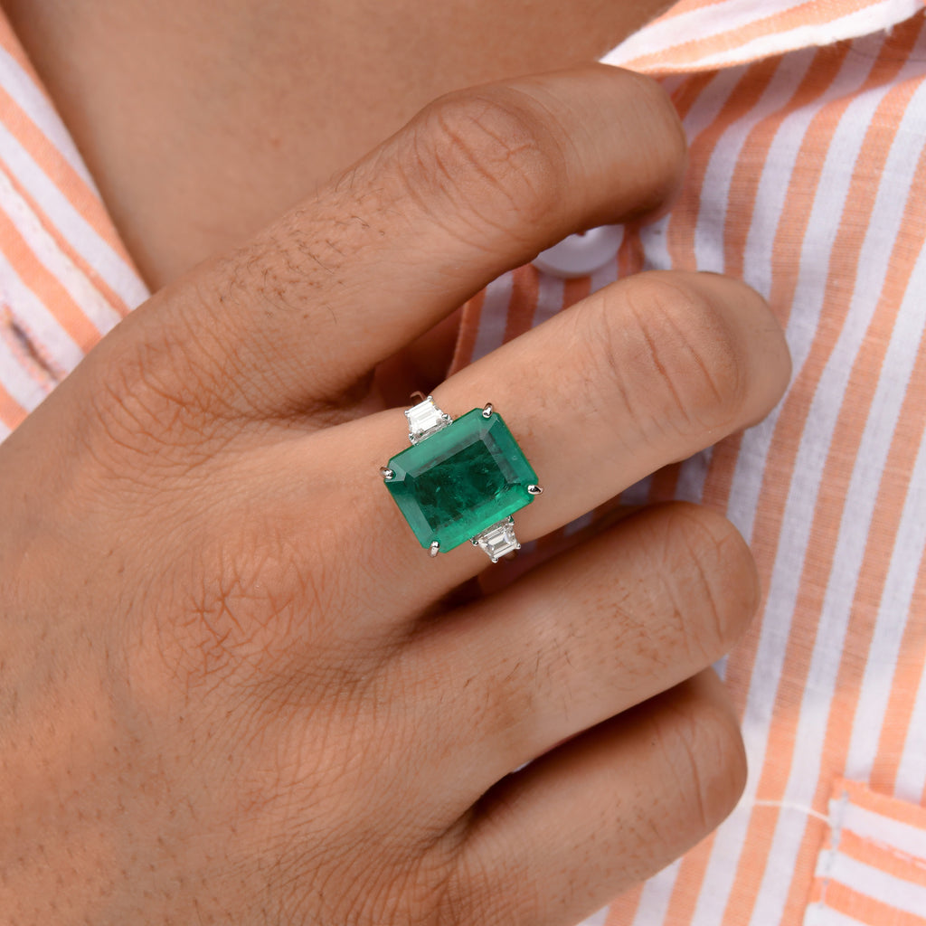 6.18 Tcw Real Zambian Emerald H/SI Diamond Three Stone Ring for Her