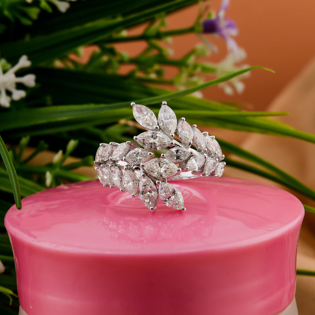 2.61 Ct Natural SI/H Marquise Cut Diamond Leaf Design Cluster Ring