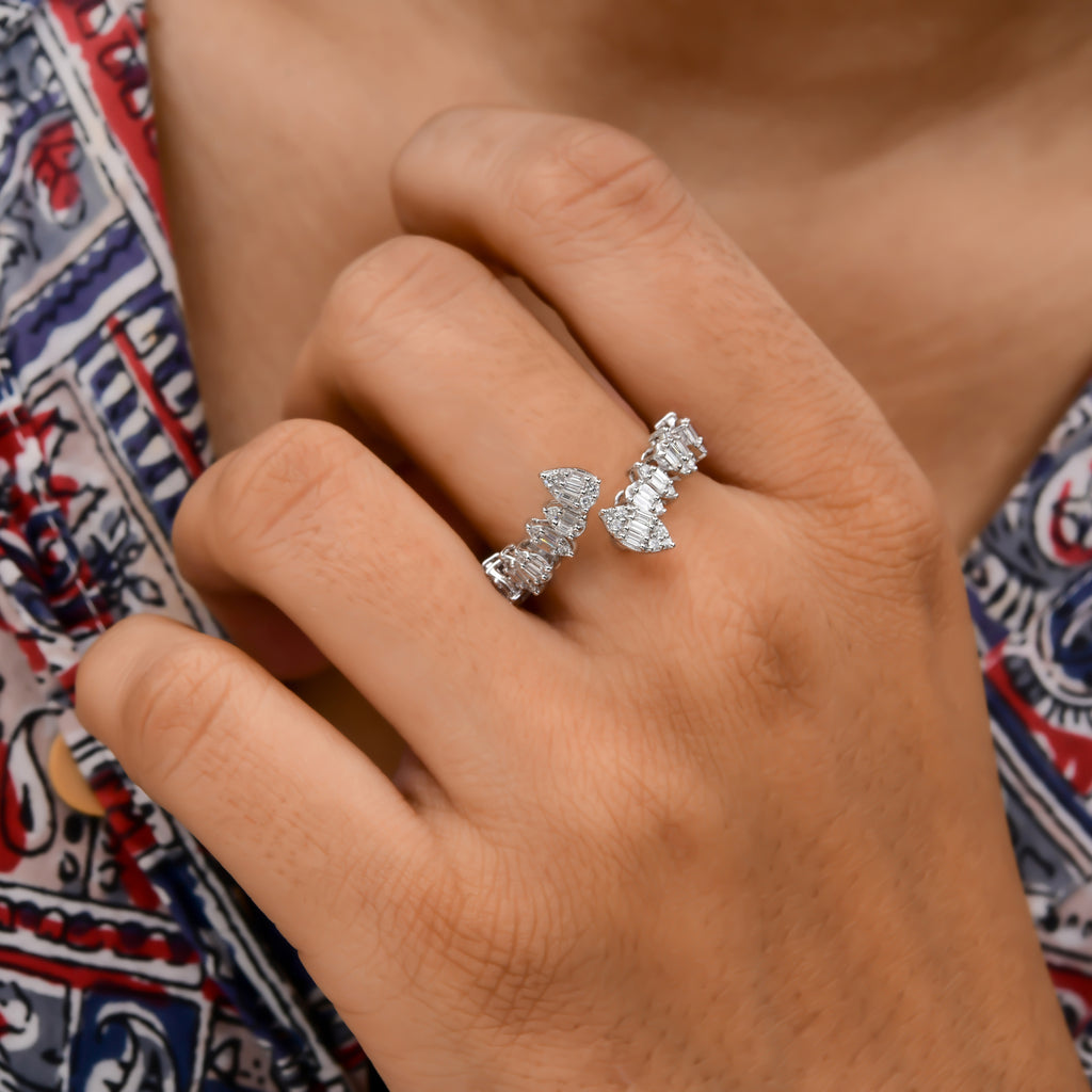 0.61 Ct H/SI Baguette Round Cut Diamond Open Bypass Ring for Anniversary