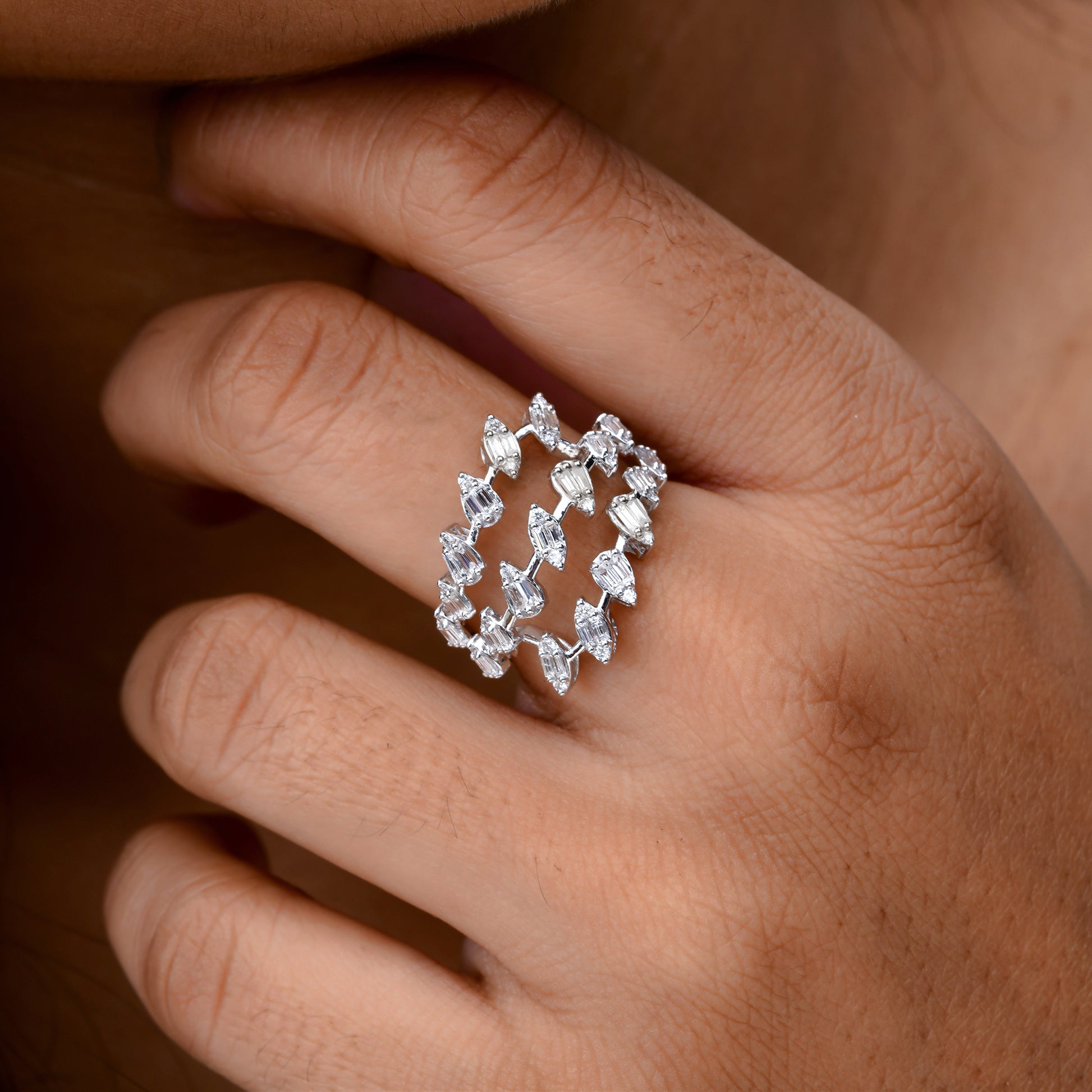 Modern 0.66 Ct SI/HI Gold Multi-Band Baguette & Round Diamond Ring for Women