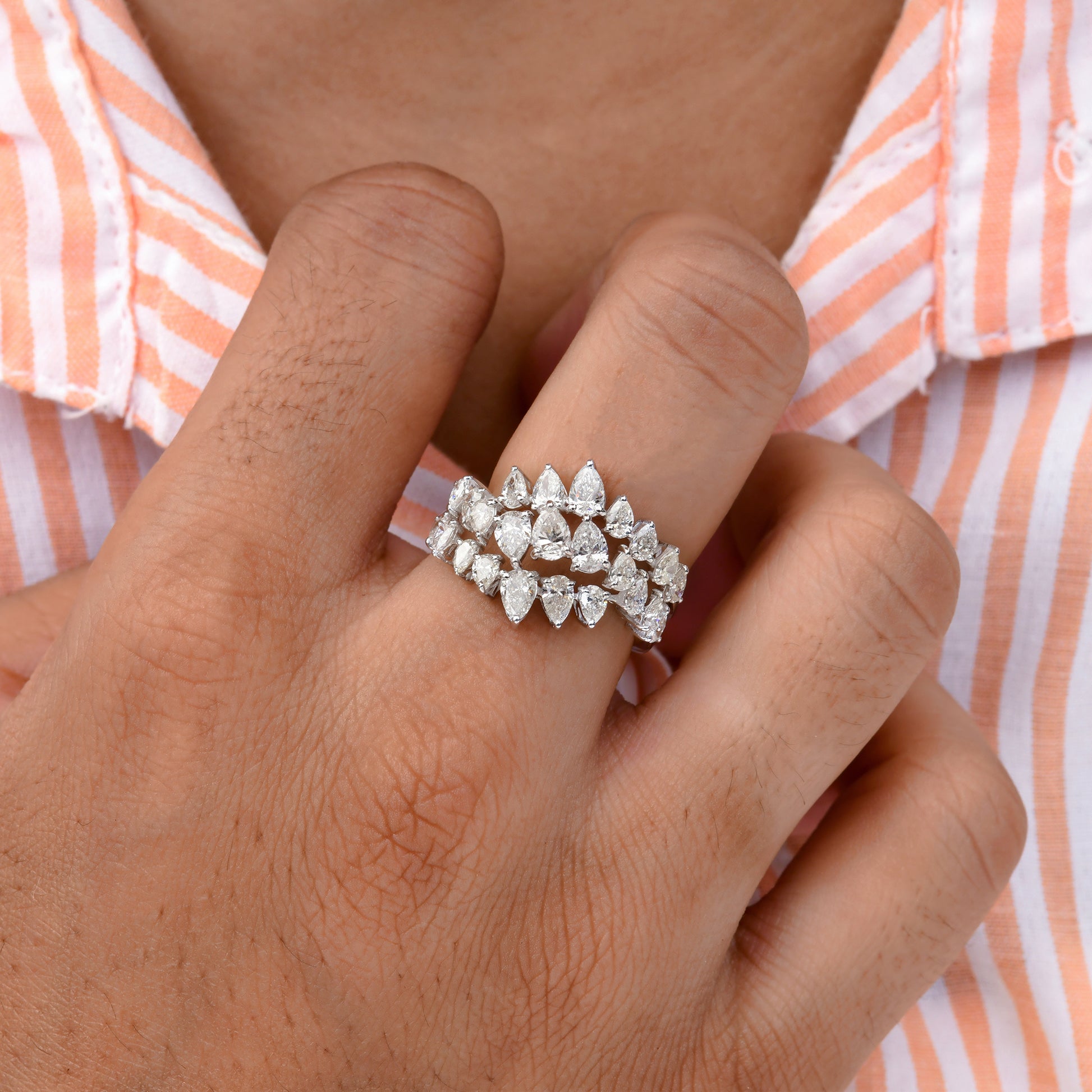 2.18 Ct SI/HI Pear Cut Natural Diamond Cluster Stacking Gold Ring for Her