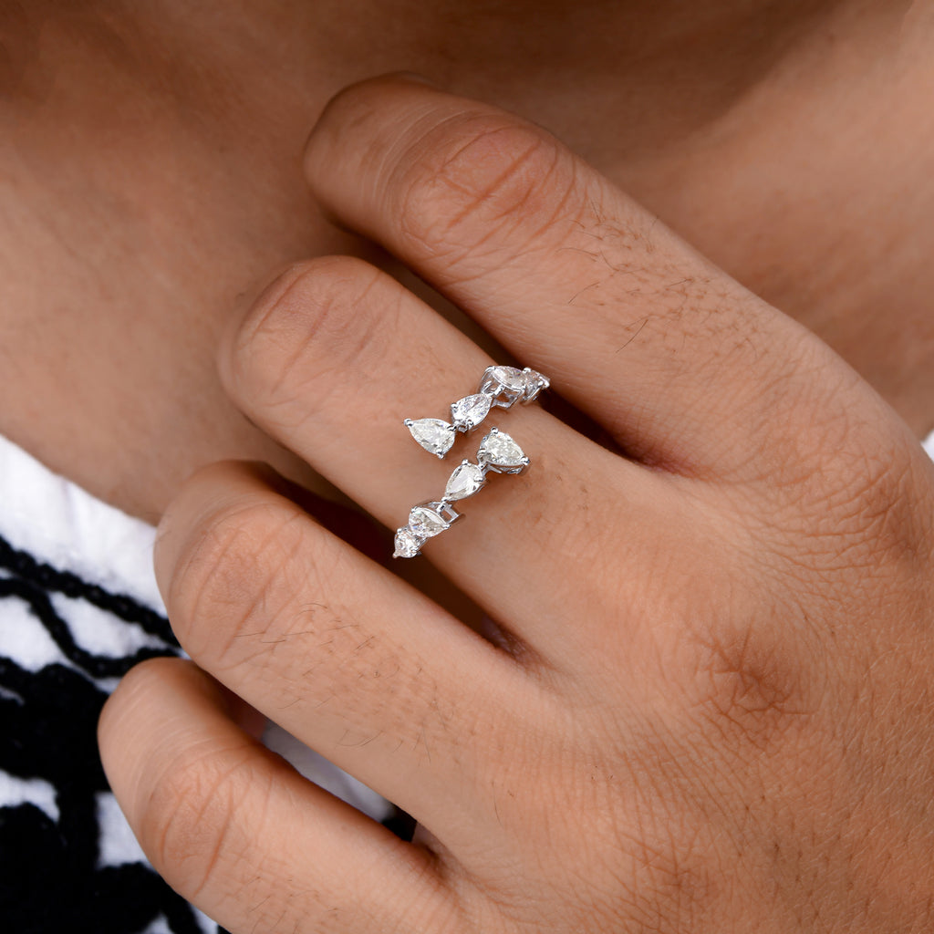 0.90 Ct H/SI Pear Cut Diamond Bypass Open Ring for Anniversary Gift