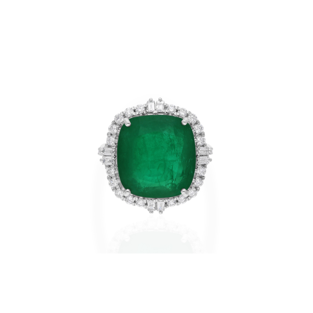 14.01 Tcw Real Cushion Cut Zambian Emerald HI/SI Round Diamond Gold Ring