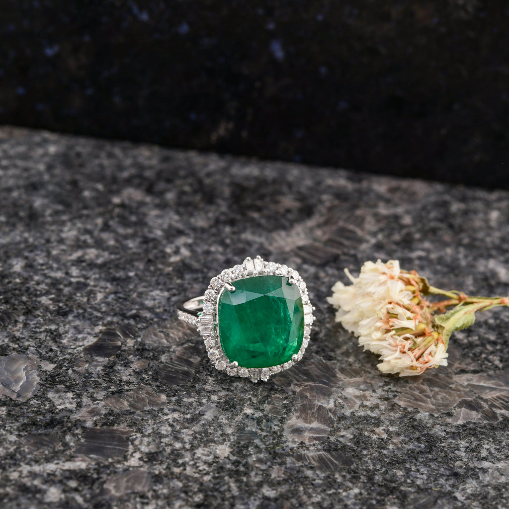 14.01 Tcw Real Cushion Cut Zambian Emerald HI/SI Round Diamond Gold Ring