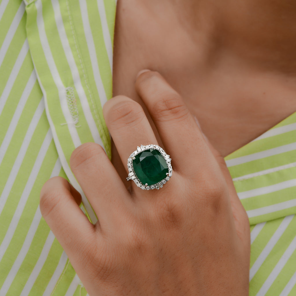 14.01 Tcw Real Cushion Cut Zambian Emerald HI/SI Round Diamond Gold Ring