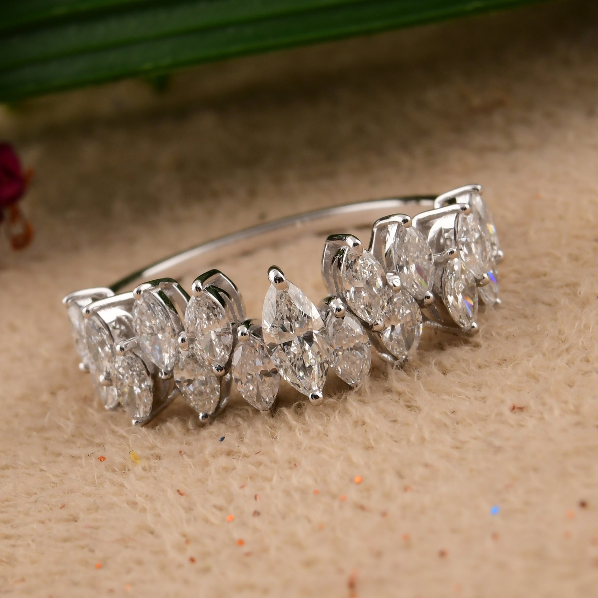 Fine Gold Women Diamond Half Eternity 1.09 Carat Marquise Cut Ring