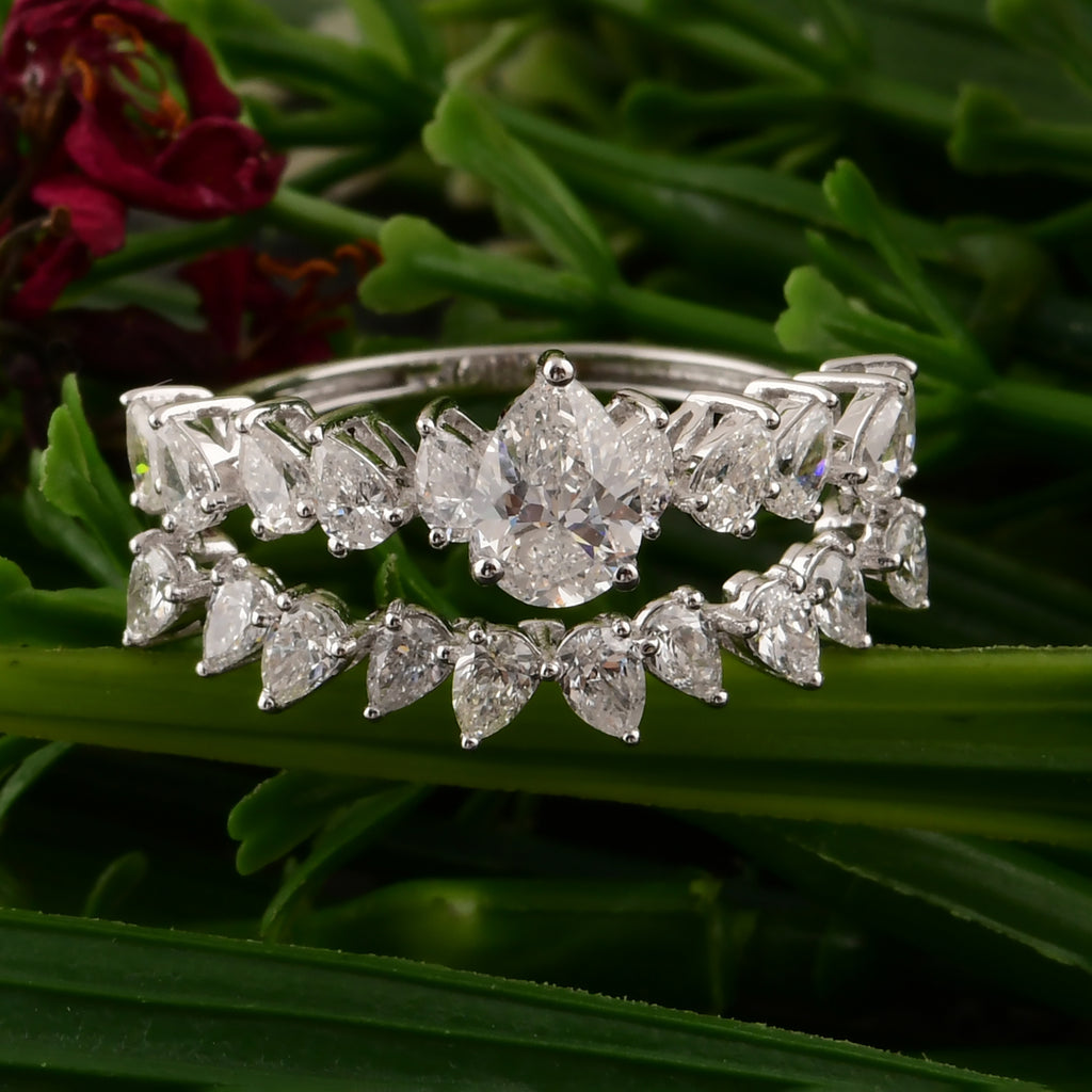 Solid Gold Unique Pear Cut 1.60Ct H Color SI Clarity Natural Diamond Band Engagement Ring