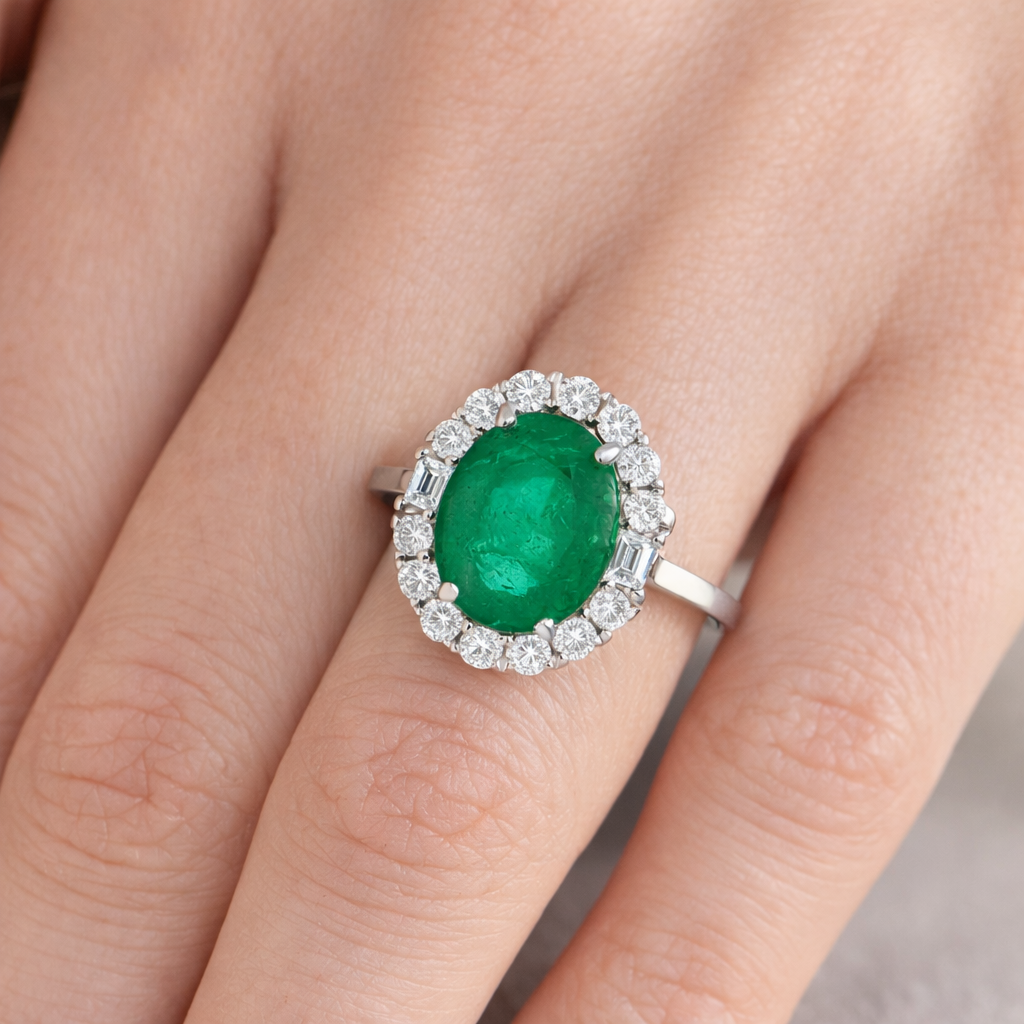 Emerald Diamond Halo Cluster Ring 14K Gold Certified