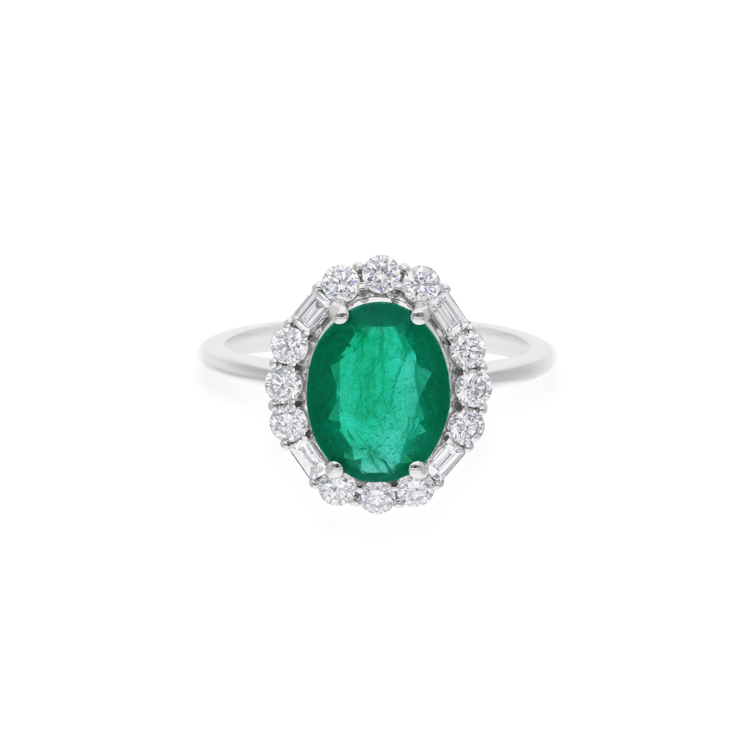 1.87Ct Oval Cut Prong Set Zambian Emerald Halo Diamond Engagement Ring Fine Gold