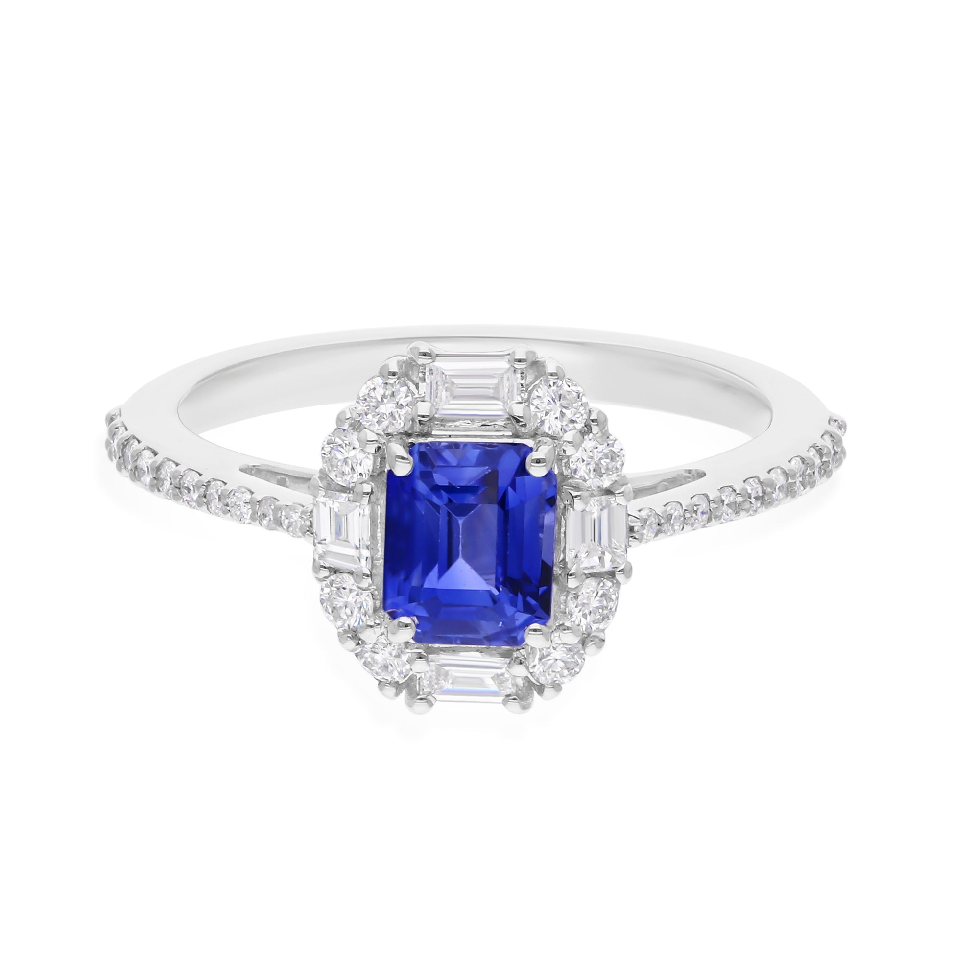 Solid Gold 1.00Ct. Blue Sapphire Natural Baguette & Round Halo Diamond Proposal Ring