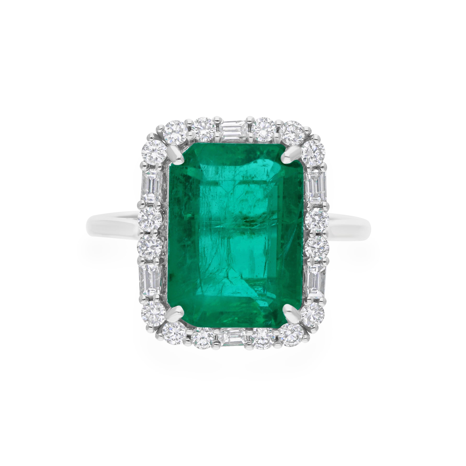 Gold 5.64Tcw Octagon Cut Zambian Emerald Natural SI/H Diamond Cocktail Anniversary Halo Ring