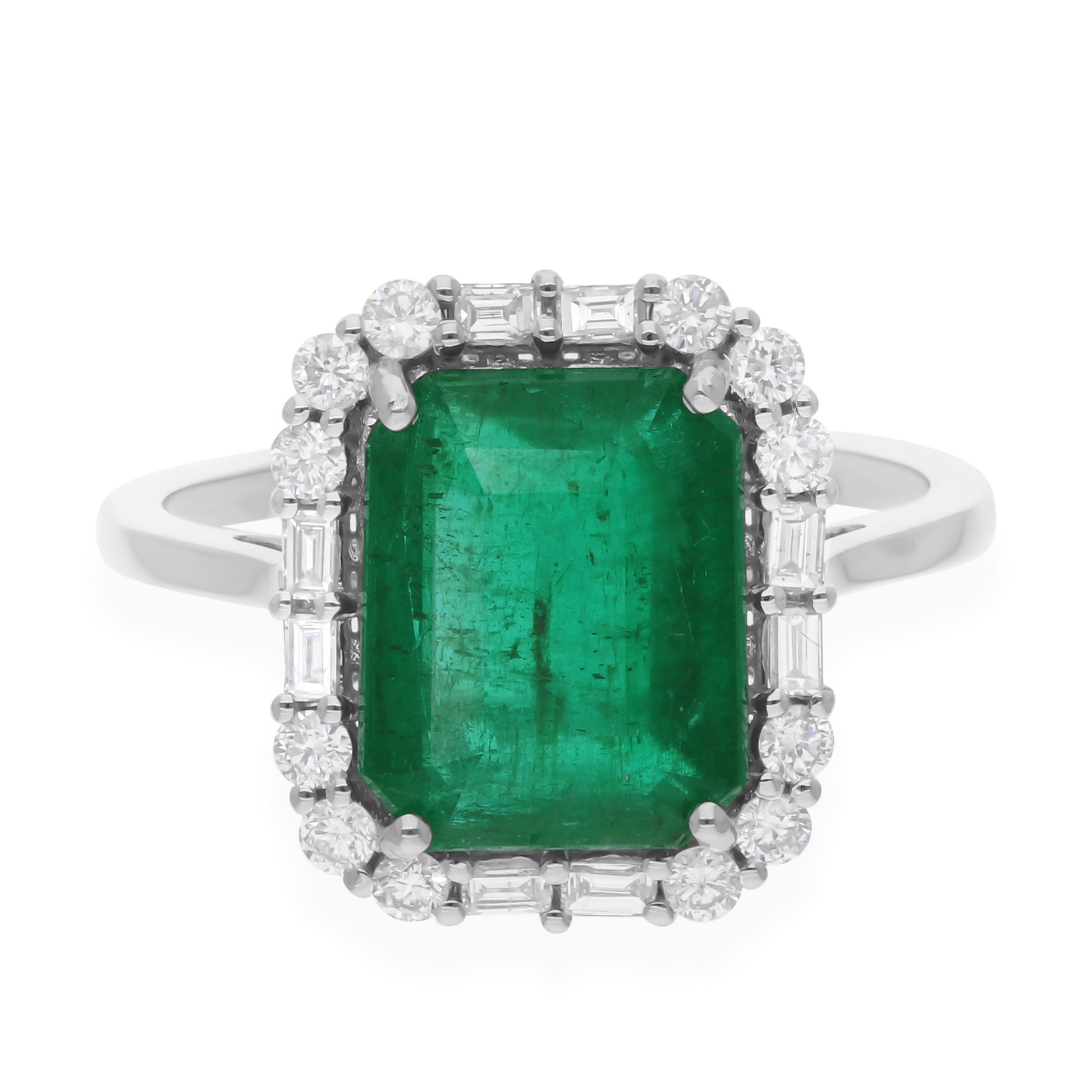 Gold 3.94Tcw Octagon Cut Zambian Emerald H/SI Round Diamond Wedding Halo Ring