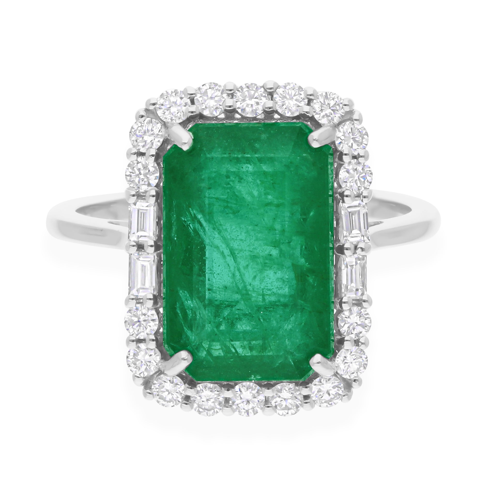 5.85 Tcw Octagon Cut Zambian Emerald Gemstone Diamond Halo Wedding Ring