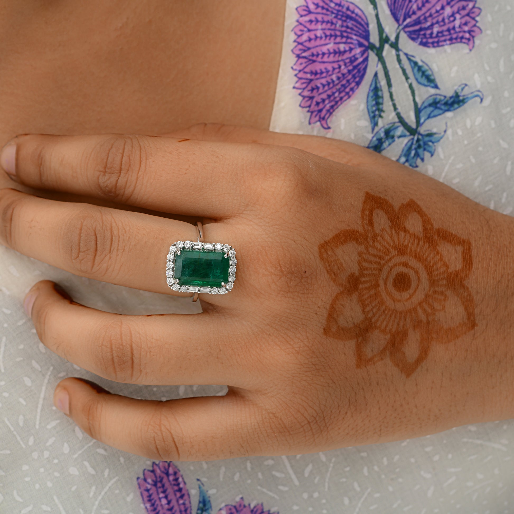 5.85 Tcw Octagon Cut Zambian Emerald Gemstone Diamond Halo Wedding Ring