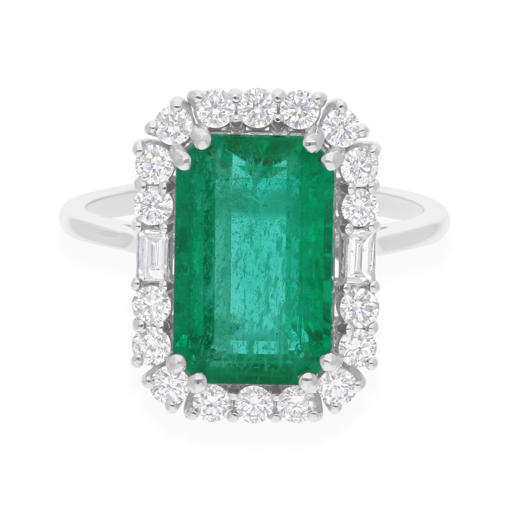 5.22 Tcw Gold Baguette & Round Diamond Zambian Emerald Cocktail Halo Ring