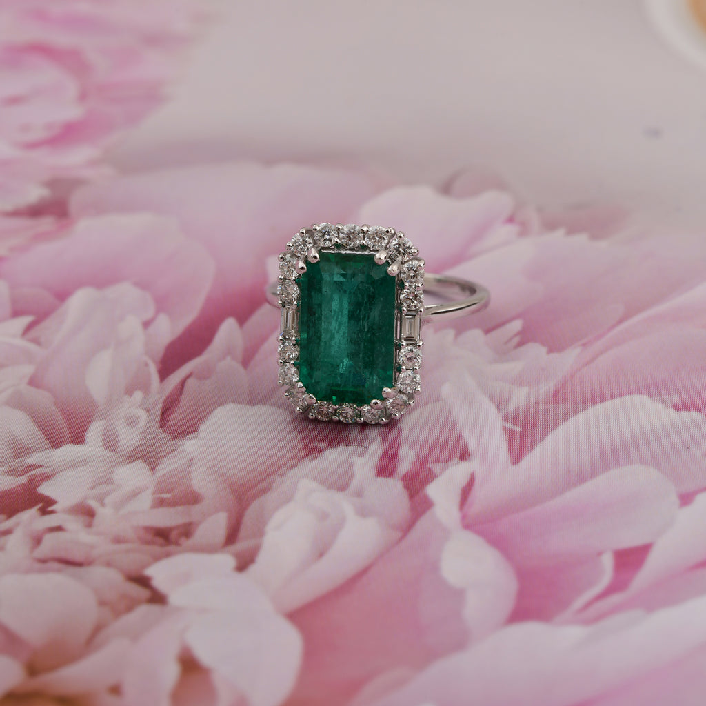 5.22 Tcw Gold Baguette & Round Diamond Zambian Emerald Cocktail Halo Ring
