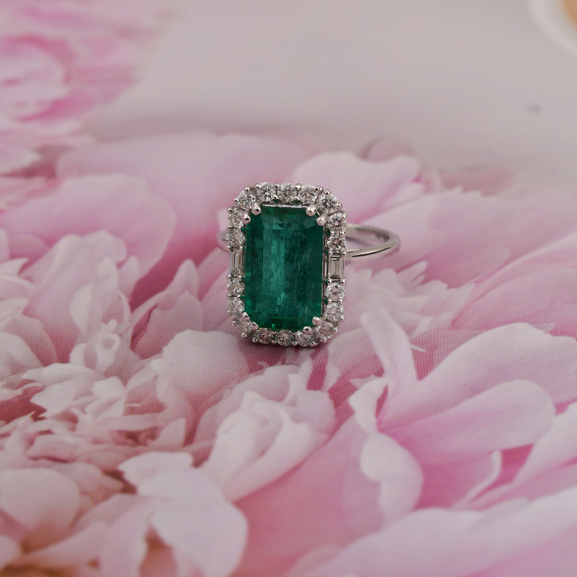 5.22 Tcw Gold Baguette & Round Diamond Zambian Emerald Cocktail Halo Ring