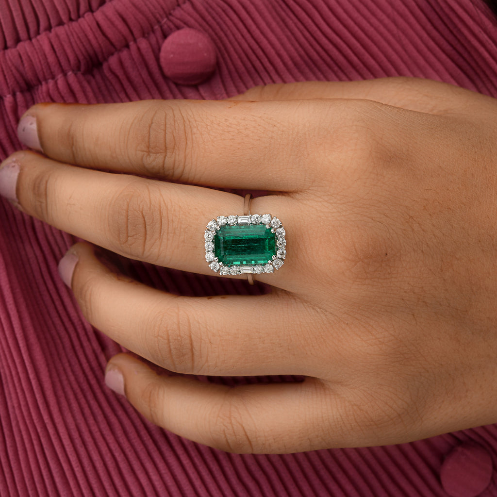 5.22 Tcw Gold Baguette & Round Diamond Zambian Emerald Cocktail Halo Ring