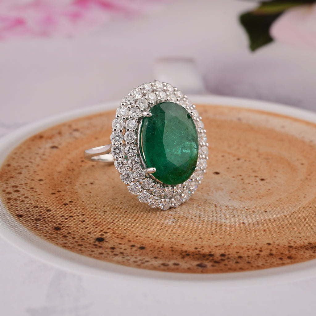 Solid Gold 13.38Tcw Natural Zambian Emerald SI/H Diamond Wedding Cocktail Fine Ring