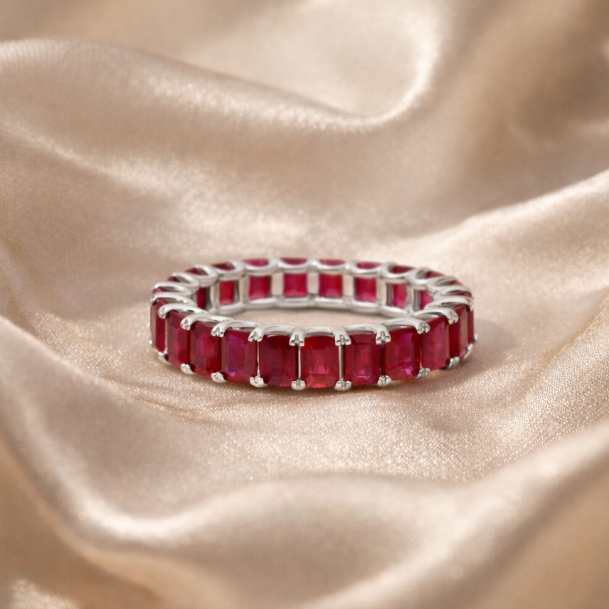 Fine Gold Octagon Cut Pink Ruby Wedding Eternity Band Ring