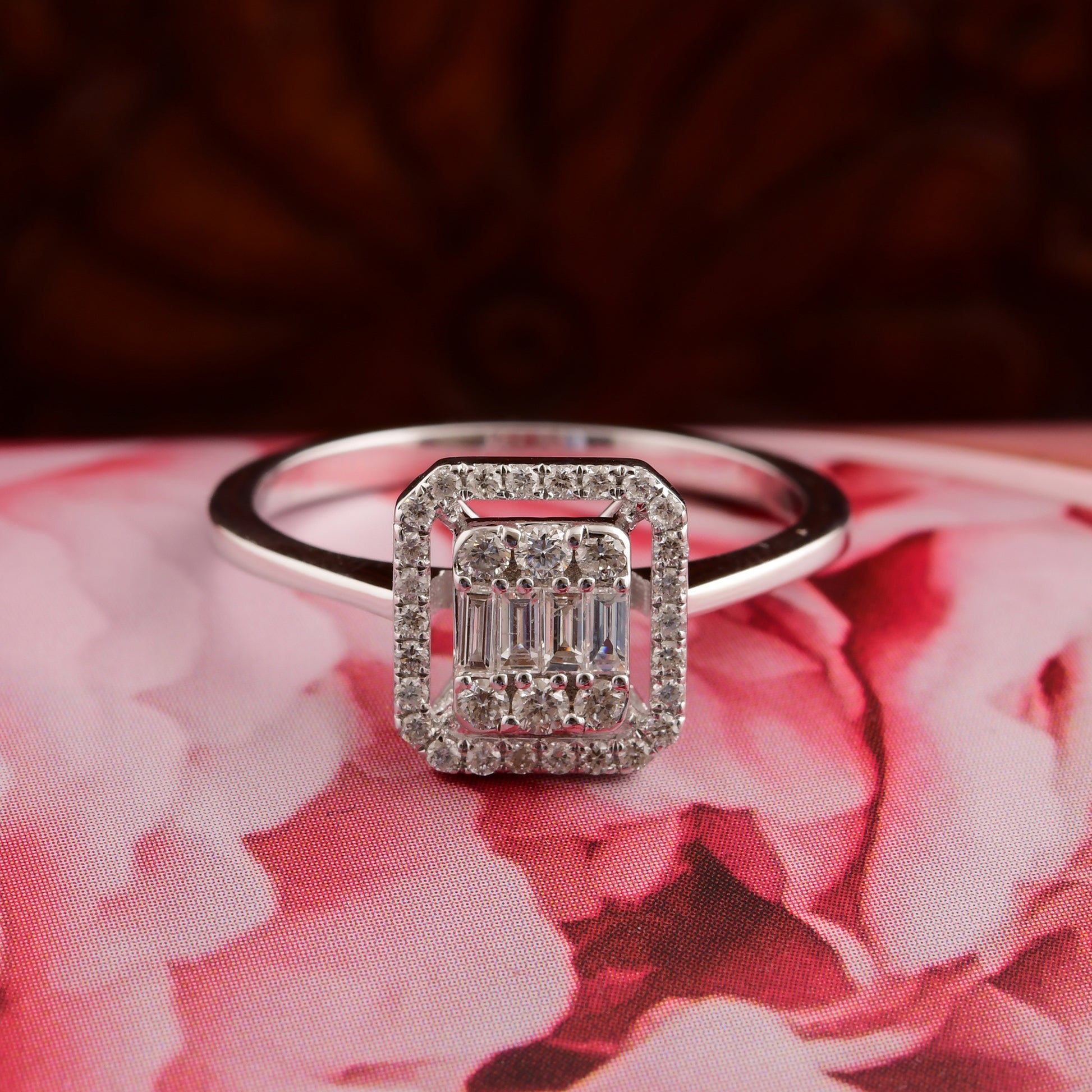 Gold Round & Baguette Cut Pave Diamond Engagement Ring For Women