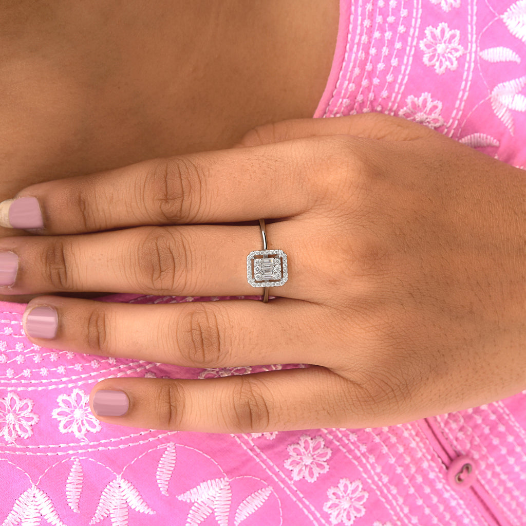 Gold Round & Baguette Cut Pave Diamond Engagement Ring For Women