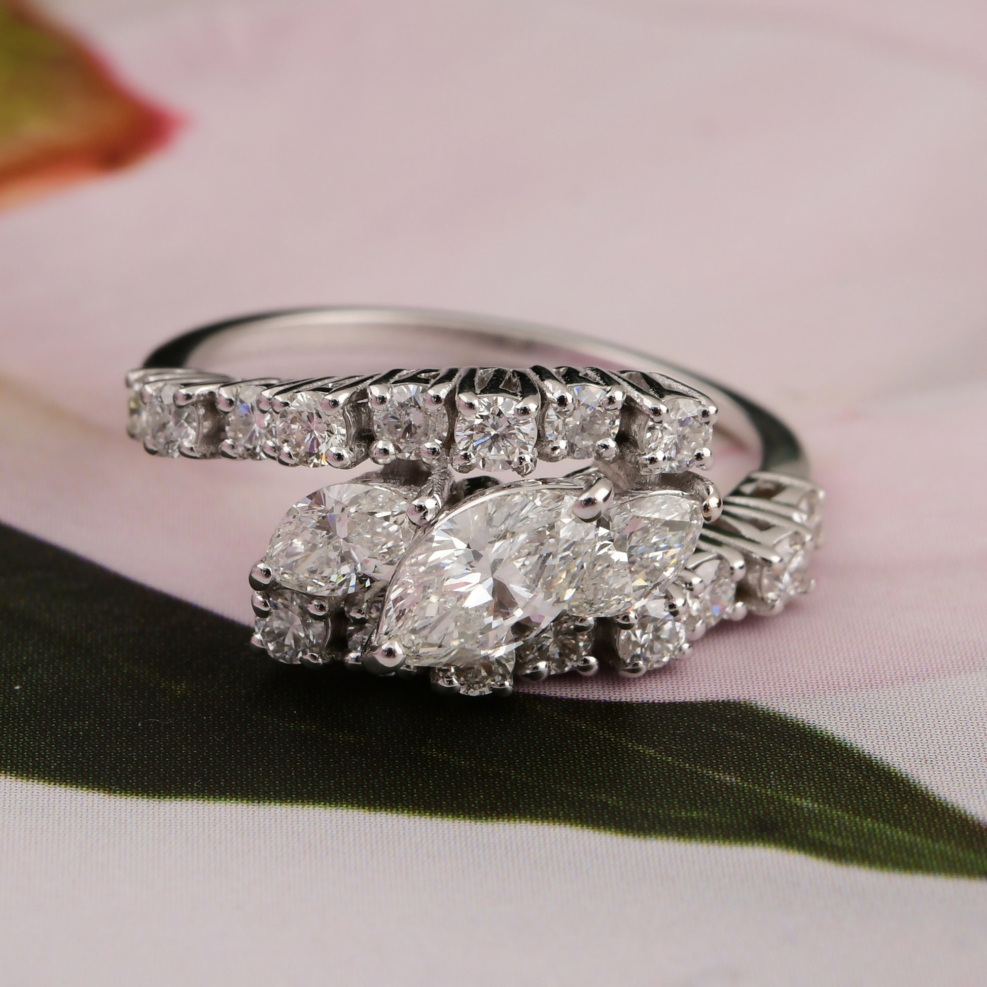 Natural SI/H Marquise 1.53Ct. Diamond Bypass Engagement Gold Ring