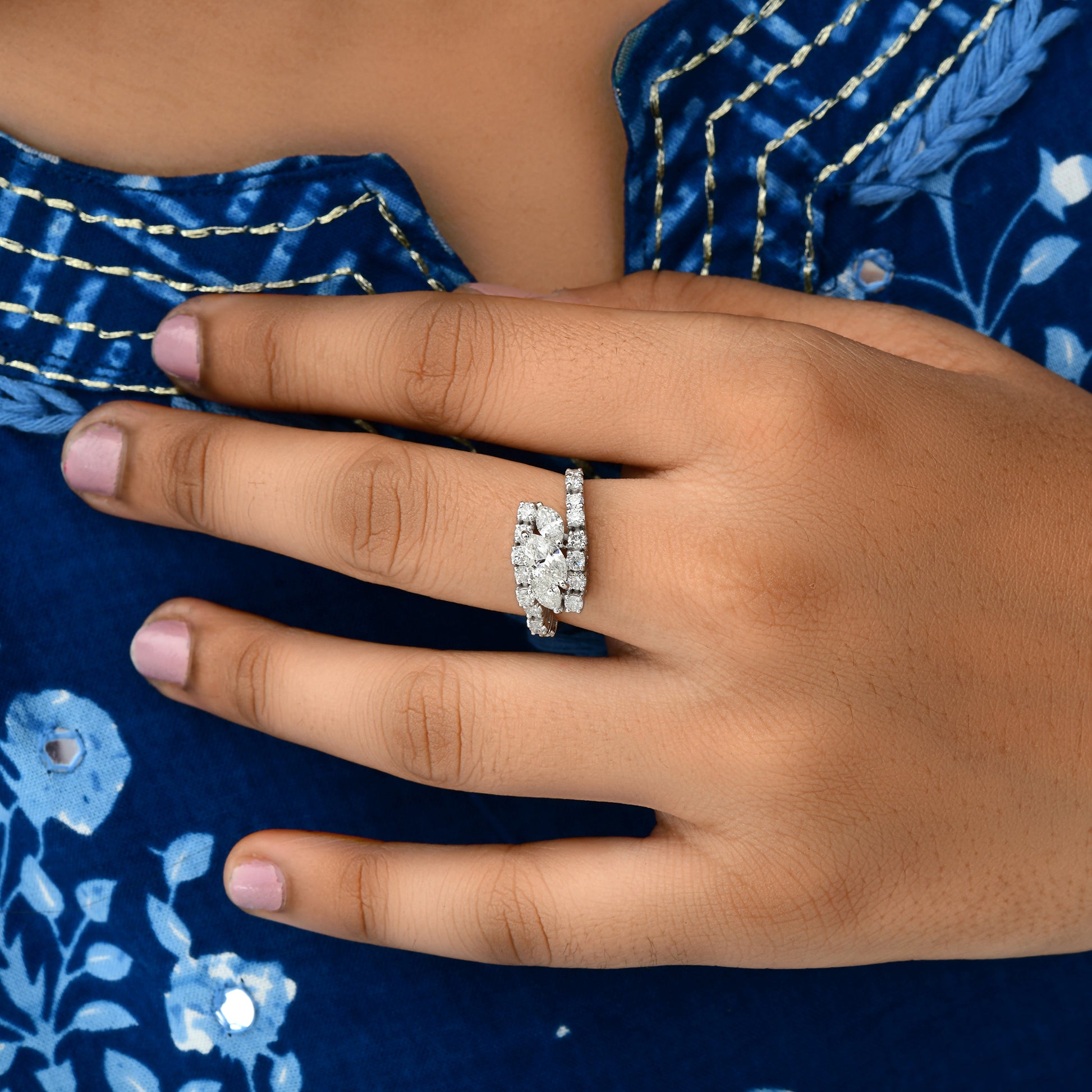 Natural SI/H Marquise 1.53Ct. Diamond Bypass Engagement Gold Ring