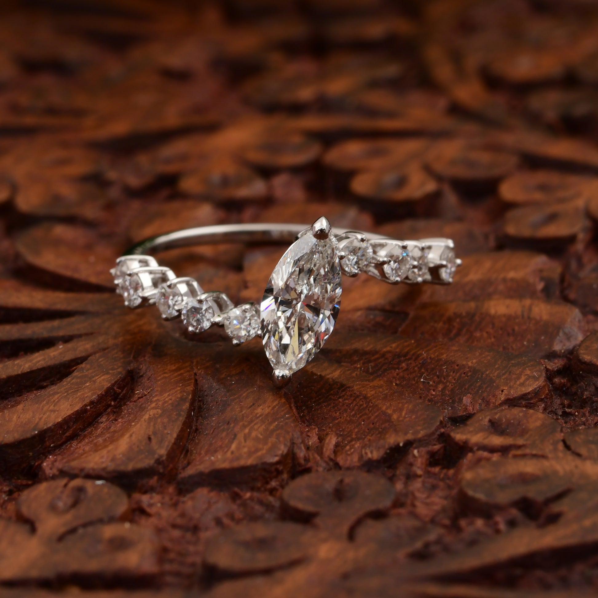 Flora Shine Unique Marquise Cut 1.02Ct. Diamond Ring in Fine Gold