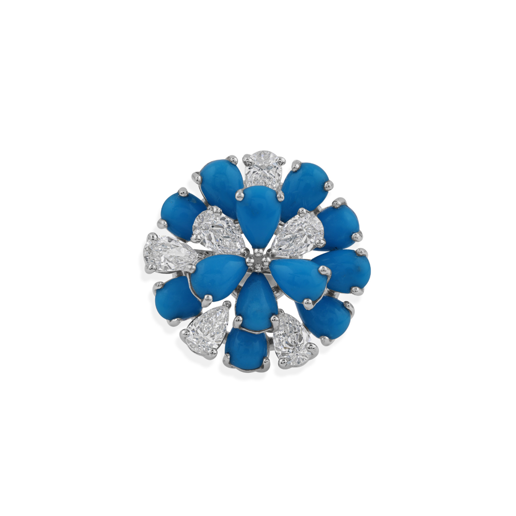 4.9Tcw Floral Cluster Pear Cut Arizona Turquoise Diamond Cocktail Ring In Fine Gold