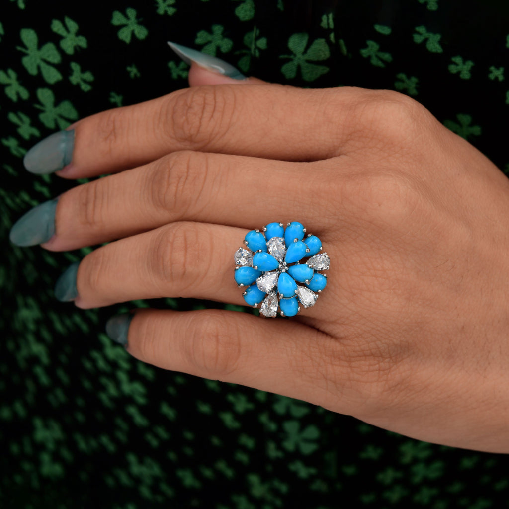 4.9Tcw Floral Cluster Pear Cut Arizona Turquoise Diamond Cocktail Ring In Fine Gold