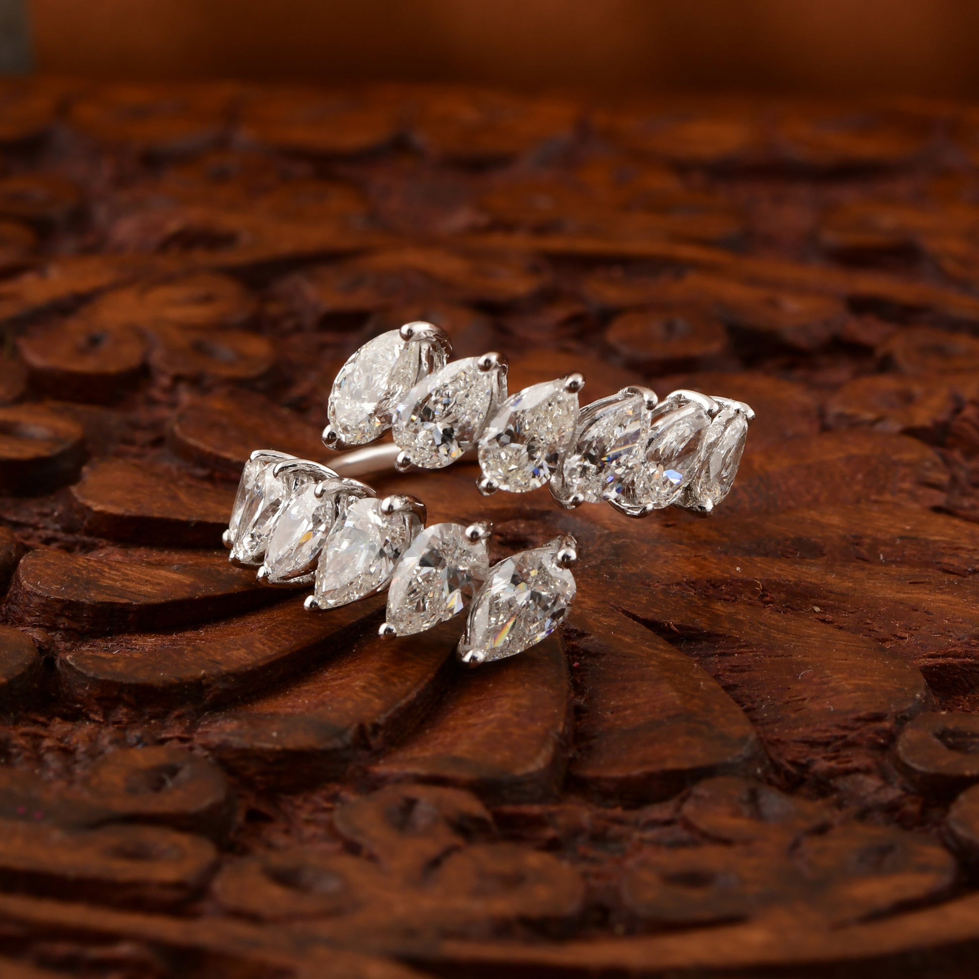 Fine Gold 2.92 Carat Pear Shaped Diamond Open Cuff Crossover Wedding Ring