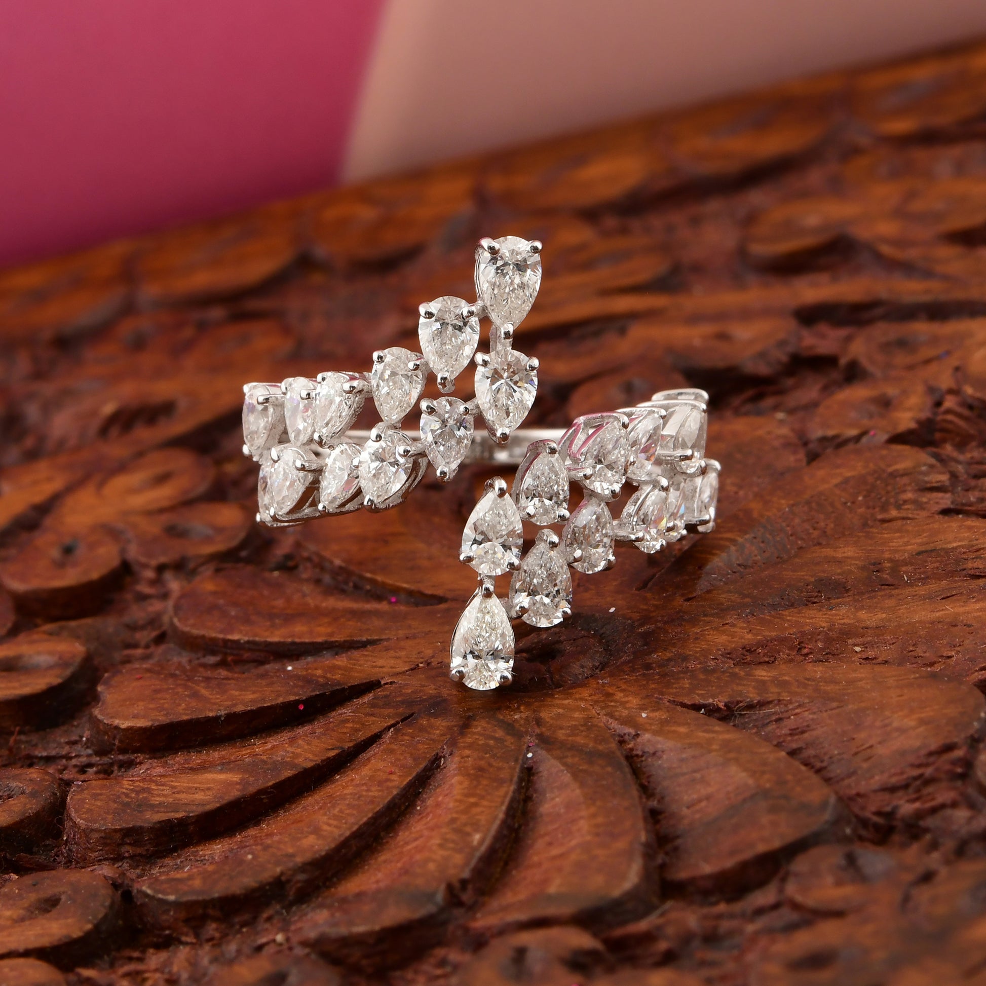 Gold Pear Cut Natural 2.11Ct Diamond Leaf Open Bypass Engagement Ring