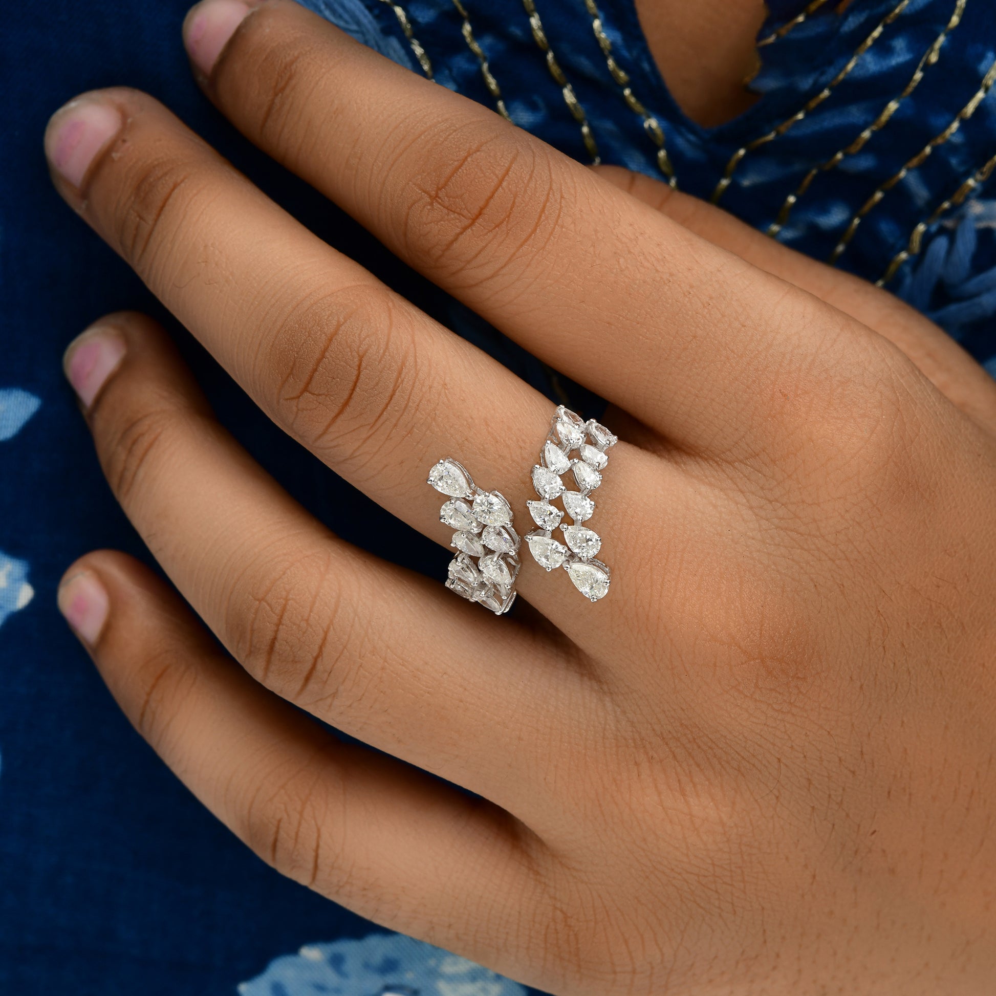 Gold Pear Cut Natural 2.11Ct Diamond Leaf Open Bypass Engagement Ring