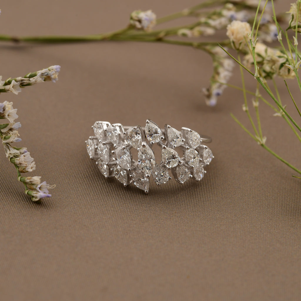 1.75 Carat Marquise & Pear Cut Diamond Statement Solid Gold Cluster Ring