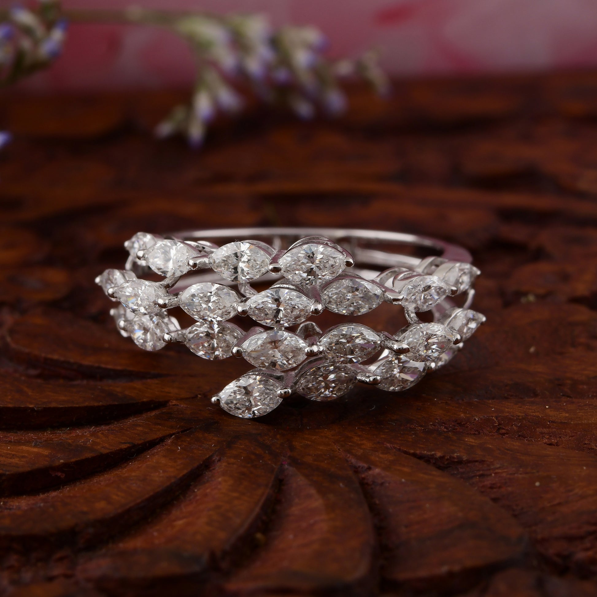 Certified Multi Row Solid Gold 2.00 Ct Diamond Marquise Cut Engagement Ring