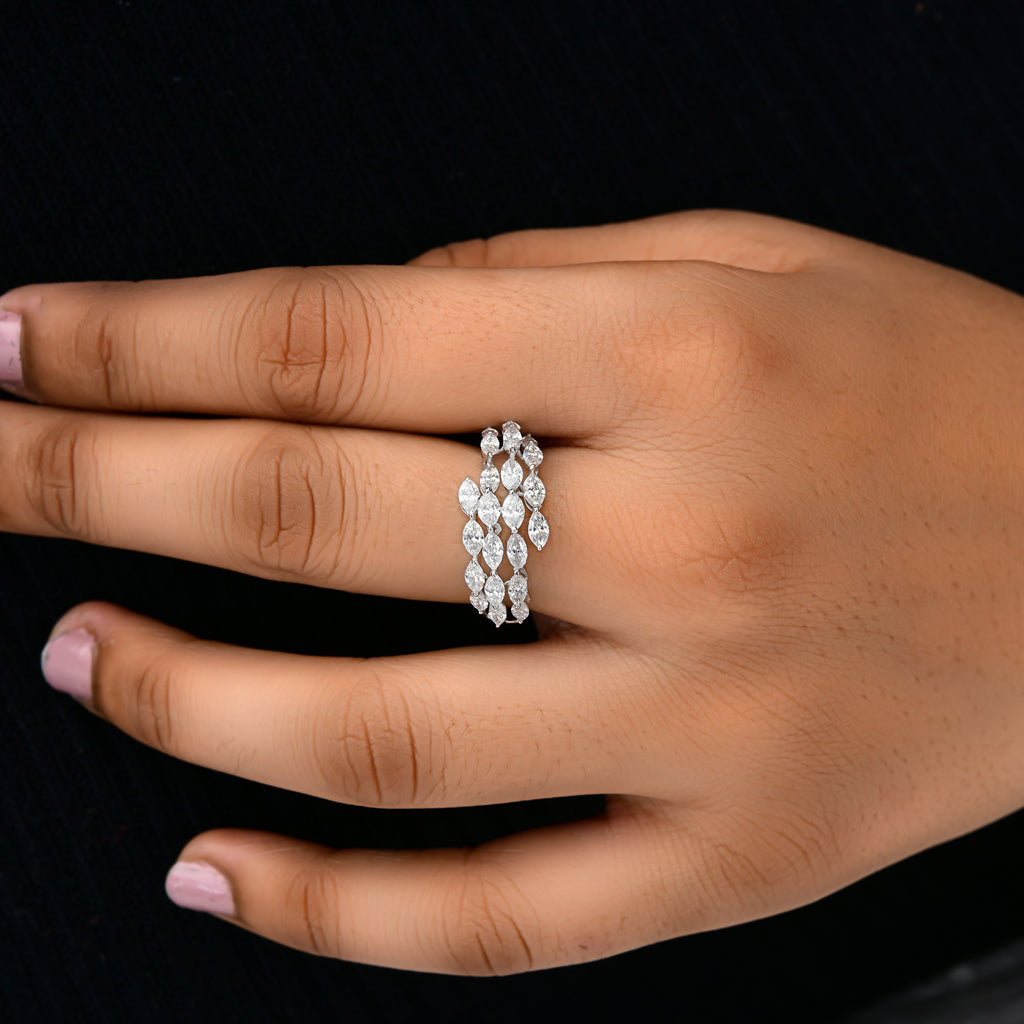 Certified Multi Row Solid Gold 2.00 Ct Diamond Marquise Cut Engagement Ring