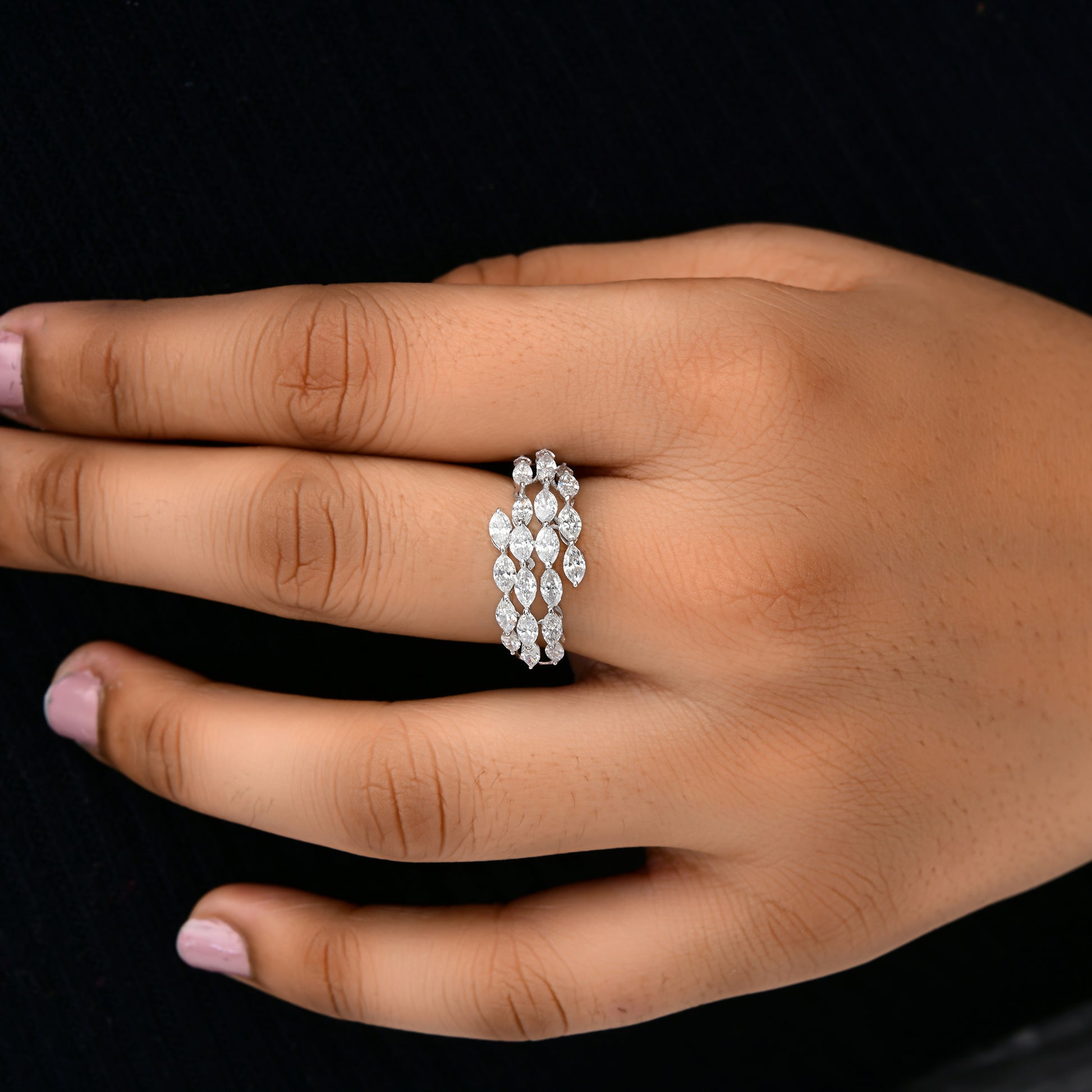 Certified Multi Row Solid Gold 2.00 Ct Diamond Marquise Cut Engagement Ring