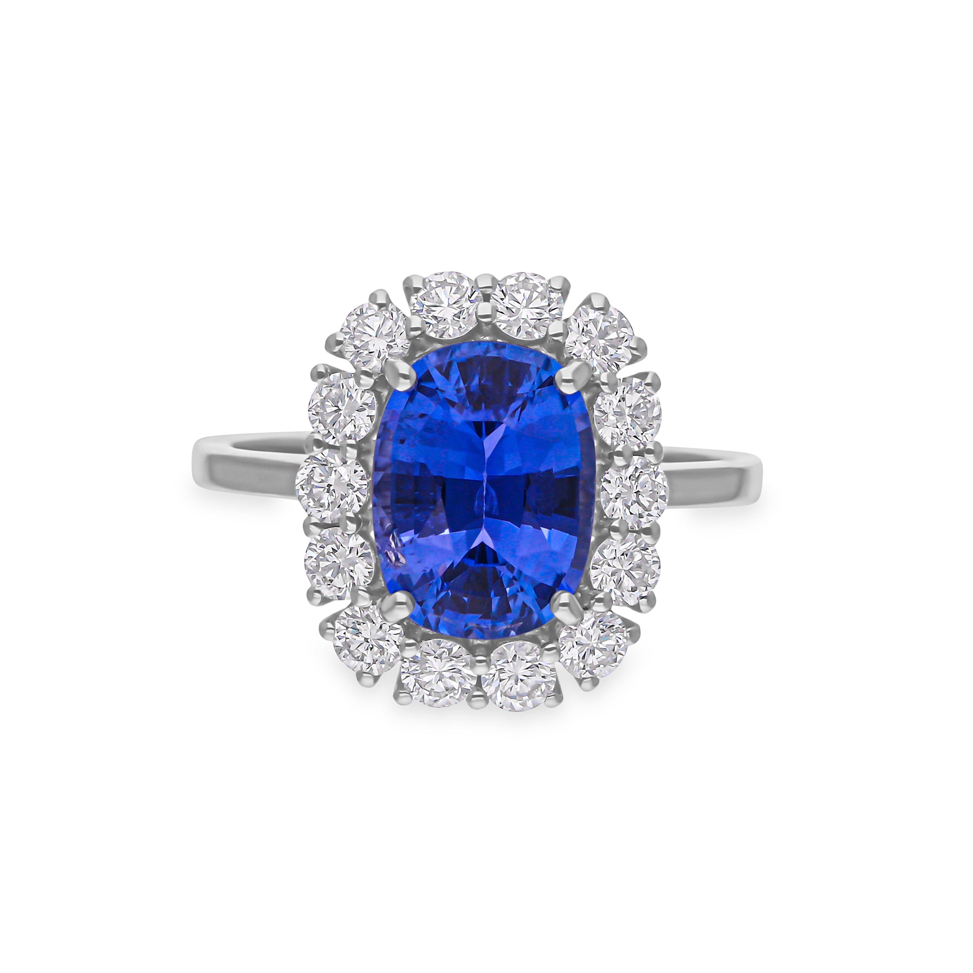 Genuine 3.15Ct. Unique Oval Cut Blue Sapphire Halo Diamond Engagement Gold Ring