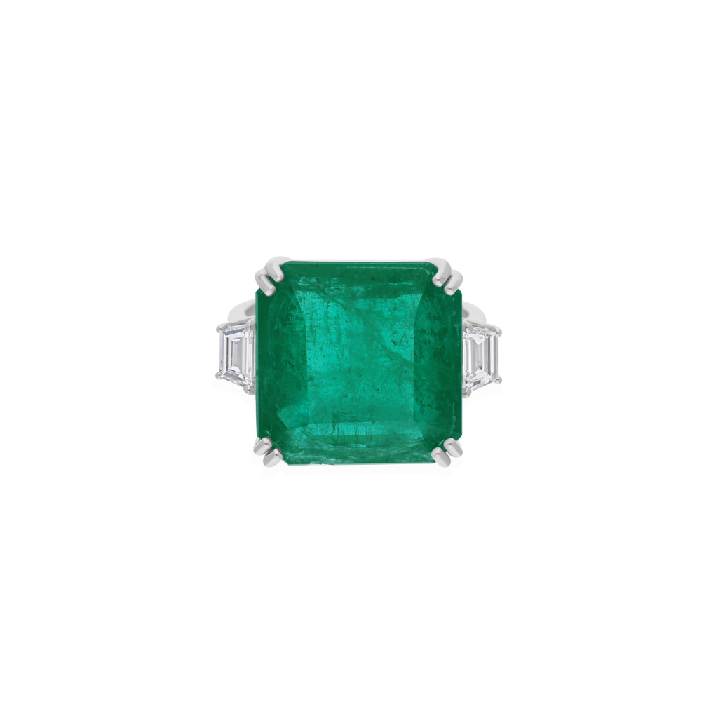 Exquisite 15.57 Tcw Natural Zambian Emerald Baguette Diamond Gold Ring