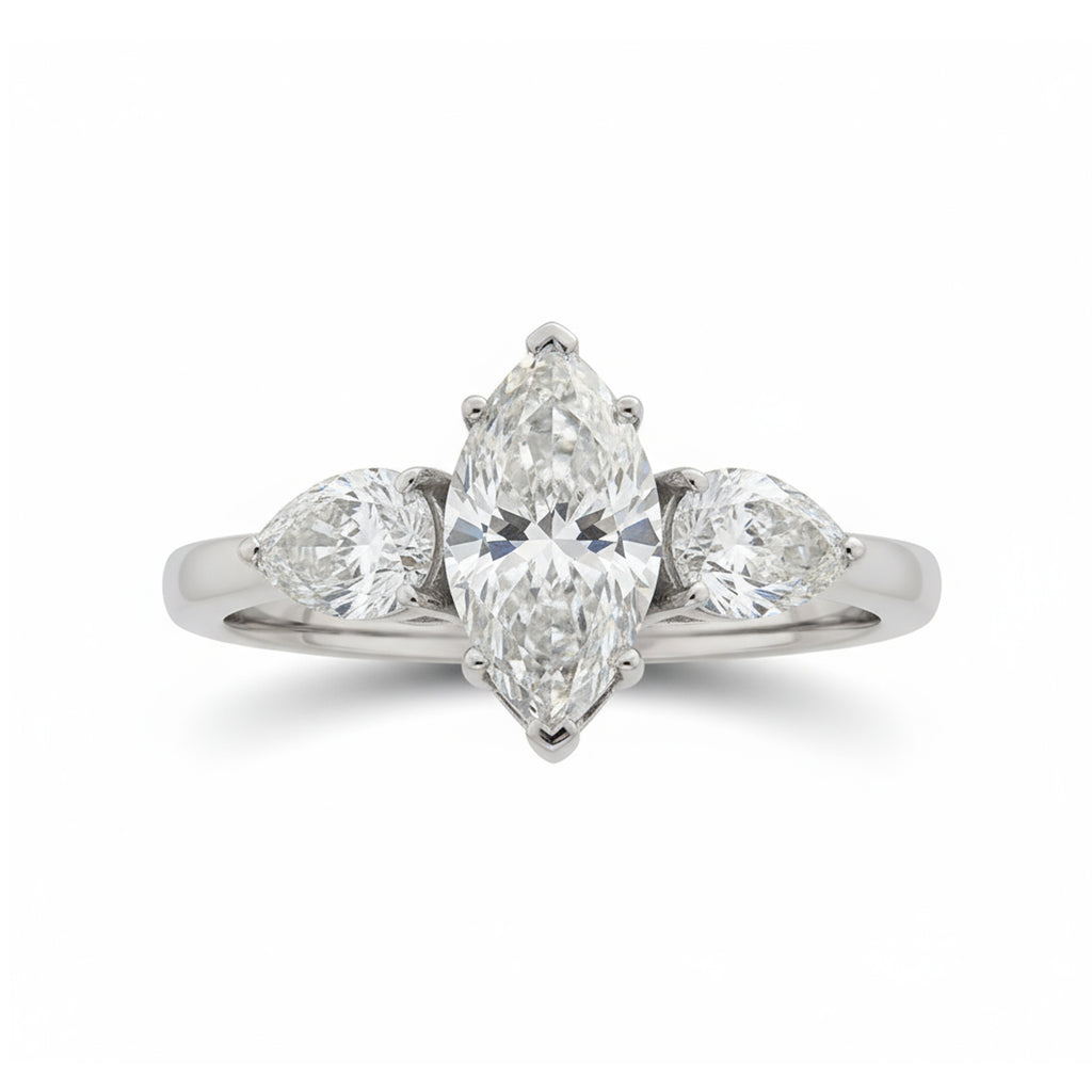 1.84 Carat HI Color SI Clarity Marquise Pear Diamond Three Stone Band Ring