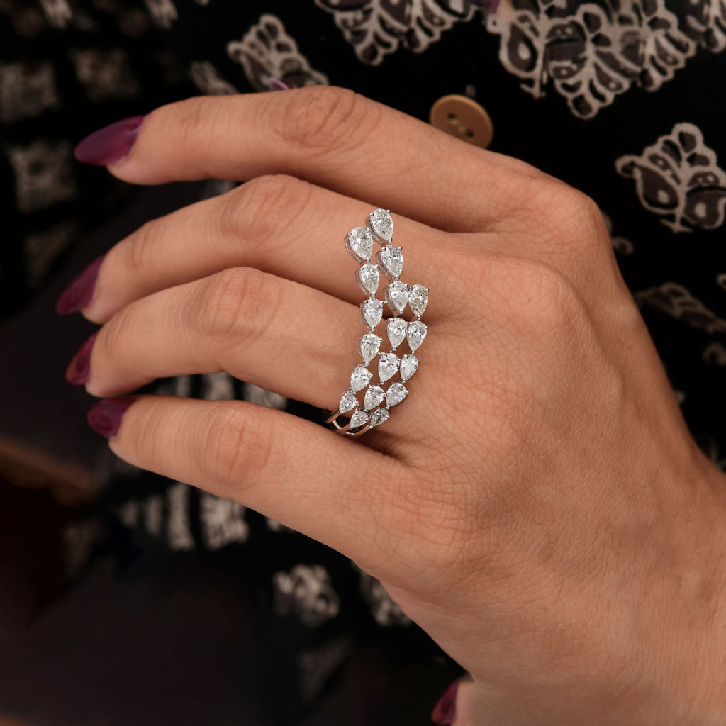 Unique 2.78Ct. Pear Cut Diamond Open Triple Band Stackable Ring In Fine Gold