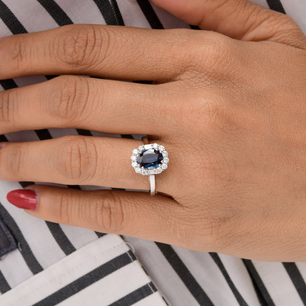 Blue Sapphire Statement Ring with Natural Diamond Halo Setting