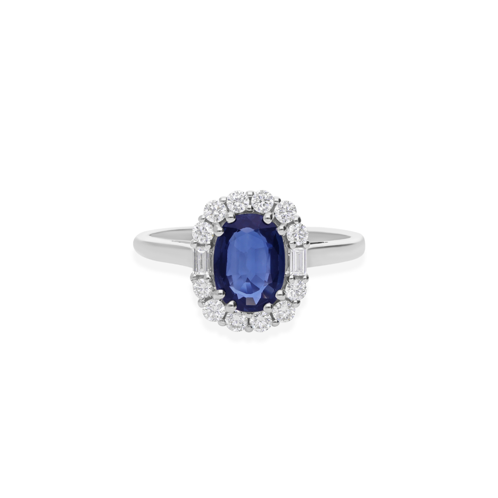Blue Sapphire Statement Ring with Natural Diamond Halo Setting