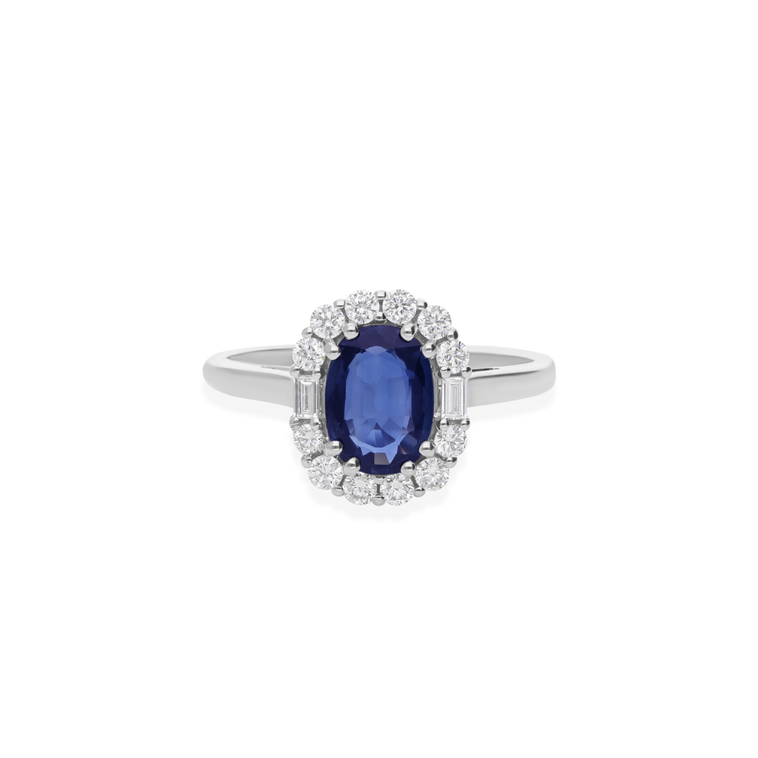 Blue Sapphire Statement Ring with Natural Diamond Halo Setting