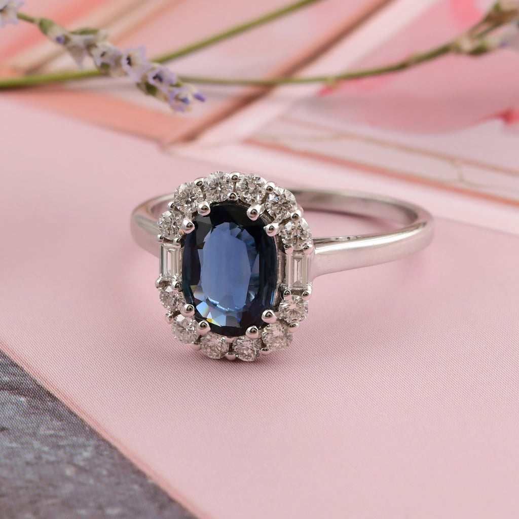 Blue Sapphire Statement Ring with Natural Diamond Halo Setting