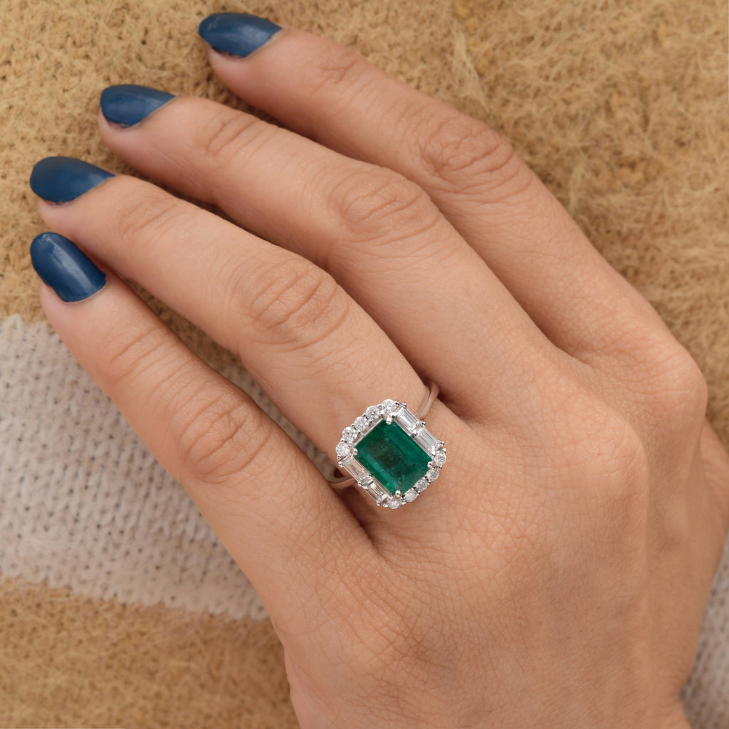 Natural Zambian Emerald Gemstone Diamond Fine Gold Halo Ring